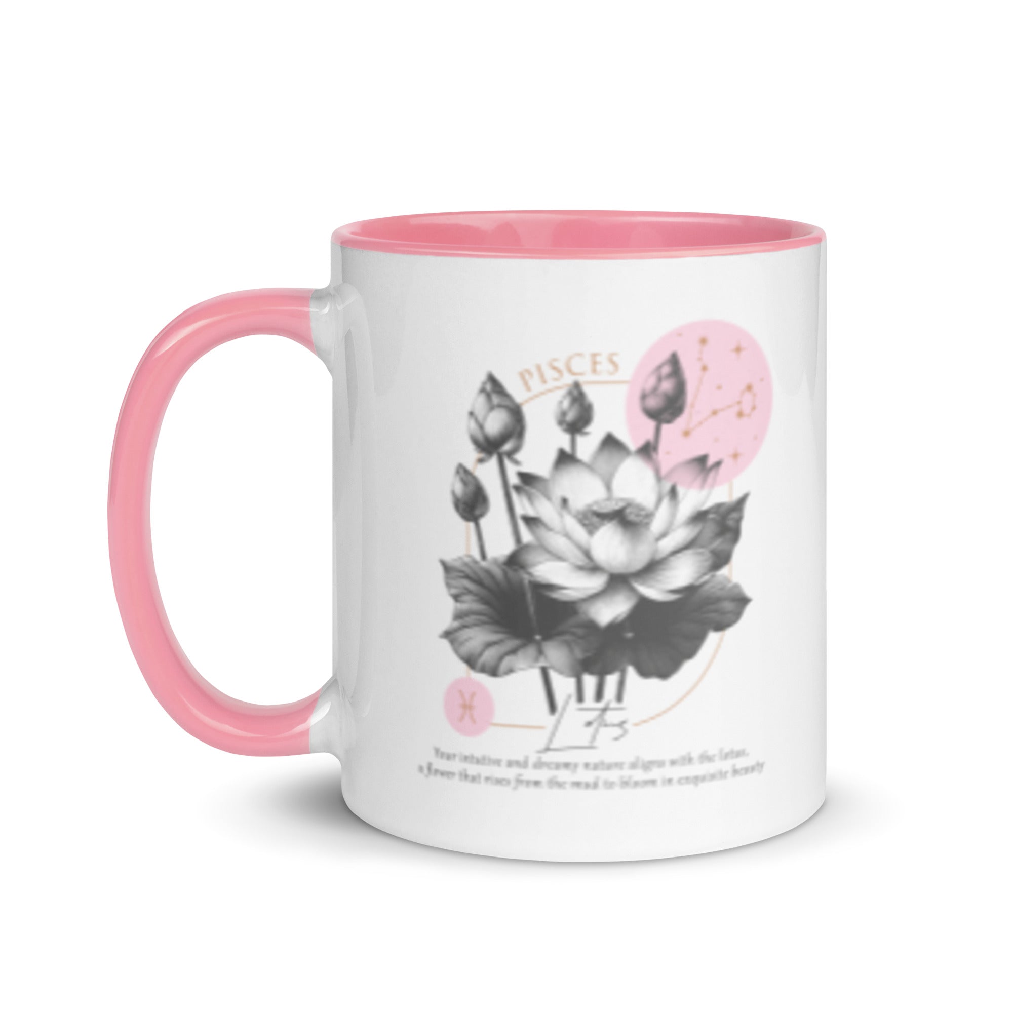 Pisces Zodiac Lotus Birth Flower 11 oz Mug with Pink Handle - https://ascensionemporium.net